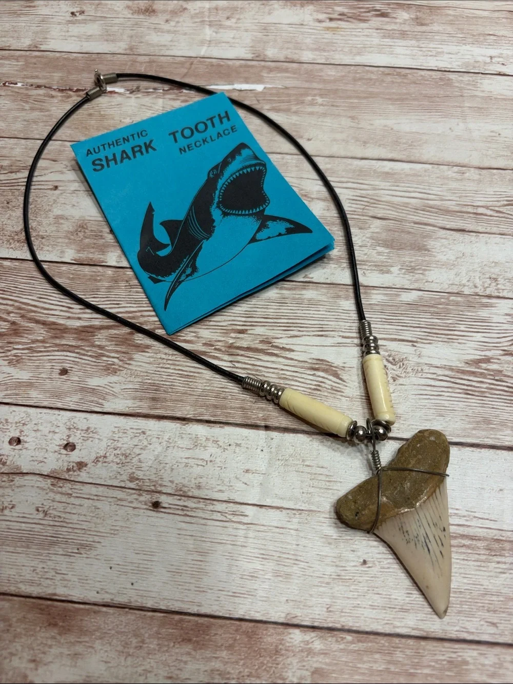 Authentic shark tooth Fossil Otodus Shark Tooth Necklace with Carved Bone Beads
